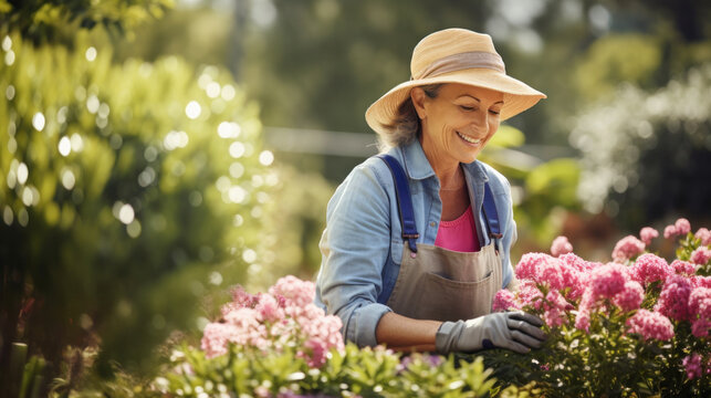 Shot of happy senior woman taking care of her plants while looking at camera in her greenhouse - Powered by Adobe