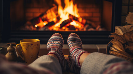 Cozy Winter Retreat: Point of View of Warm Feet Covered with Knit Socks Relaxing by the Fireplace in a Cabin - obrazy, fototapety, plakaty