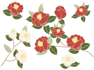 日本画風に描いた椿の素材セット