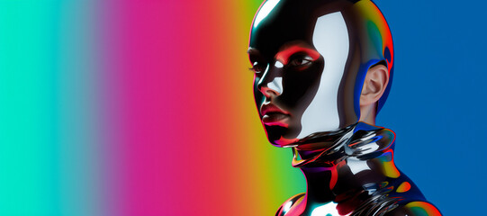 A woman's head covered with a black and silver glossy finish. The background is a gradient of blue, pink, and green. Surreal and sci-fi mood.