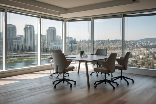 Interior of bright office room featuring chairs, meeting table, and a large window offering a panoramic view. Generative AI