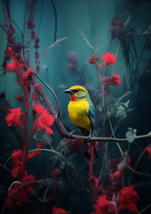 Tranquil Scene of Yellow-Red Bird Gazing from Its Perch, Red Blossoms Adding to the Ethereal Mood.