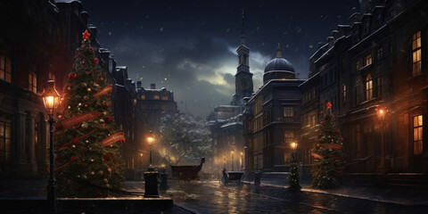 night in the dark academia city in christmas 