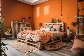 Cozy bedroom with rustic décor, sustainable design, warm orange tones, wooden floor, pallet bed, cushions, carpet, pots. Eco-friendly architecture. Generative AI