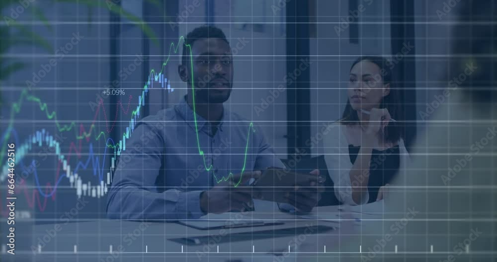 Poster Animation of financial data processing against diverse colleagues shaking hands at office