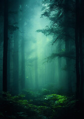 Dense Forest & Towering Trees Bathed in Bluish Green Fog: Capturing Nature's Mystery and Fairy Tale Essence. - obrazy, fototapety, plakaty