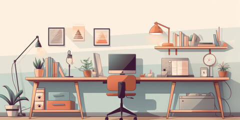 Vector art of computer at desk work from home - obrazy, fototapety, plakaty