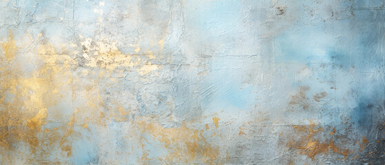 Light Blue textured background with golden shimmer. Grunge, abstract concrete background. Decorative stucco, painting. Generative ai.