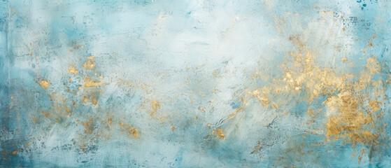Light Blue textured background with golden shimmer. Grunge, abstract concrete background. Decorative stucco, painting. Generative ai.