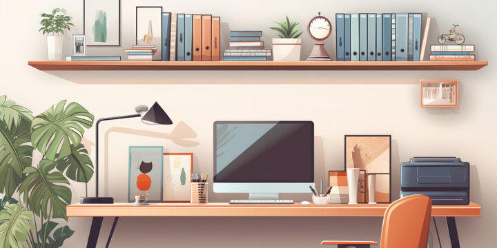 Vector art of computer at desk work from home