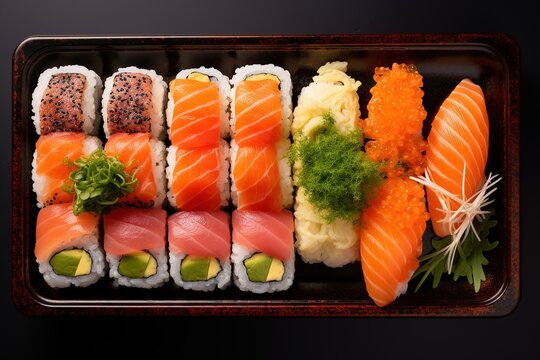 Tray sushi salmon varieties for delivery: sashimi, onigiri, sushi Jhow, sakemaki and uramaki philadelphia with shoyu and chopsticks. Japanese food