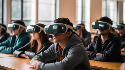Teen wearing a VR googles at school as a new mean of studying. Concept image on ed tech and e learning in the school environment. - obrazy, fototapety, plakaty