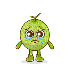 Funny crying emoticon. melon character with tears in eyes