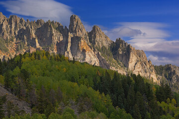 Autumn landscape of aspens and the Needles rock formation, San Juan Mountains, Colorado, USA