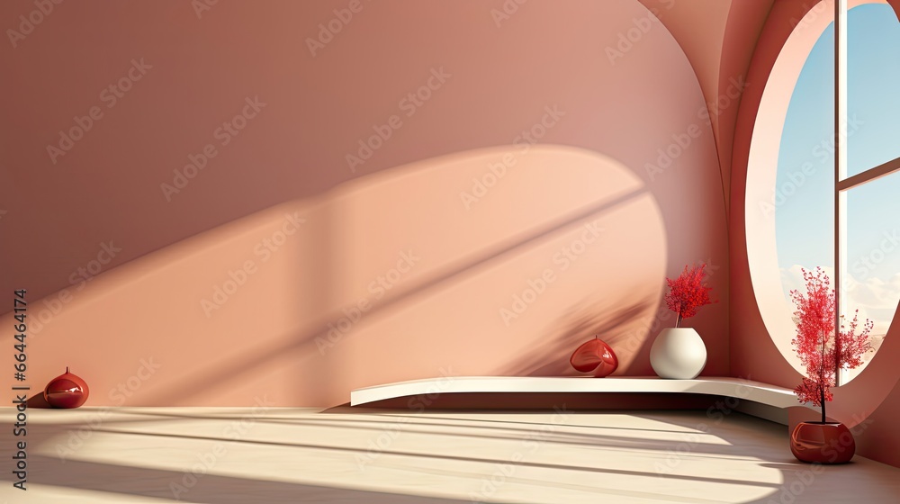 Wall mural abstract diagonal window shadows and light on solid beige wall texture. copy space for text overlay,