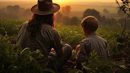 Fototapeta premium Farmer and his son in their cornfield at sunset. They are watching their crops. Agriculture environment illustration. Generative AI