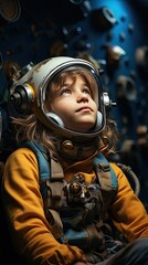 Little child girl in an astronaut costume is playing and dreaming of becoming a spaceman. Portrait of funny kid on a background. People portrait illustration. Generative AI