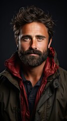 Obraz premium Handsome mid adult man with beard and crossed arms looking at camera. Mature middle eastern man against grey wall and smiling. Man portrait illustration. Generative AI