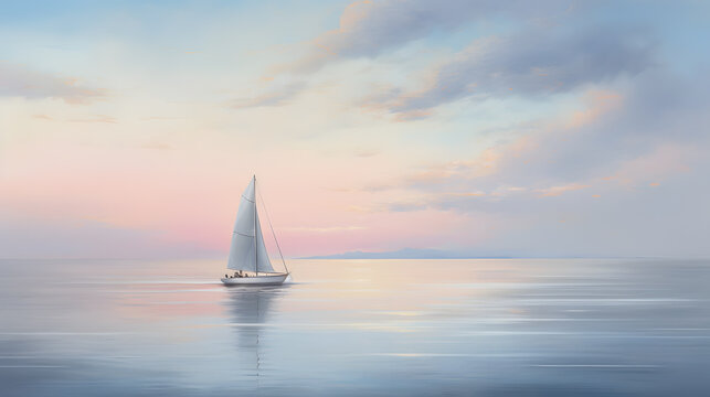 Emphasize the elegance of a lone sailboat gliding across calm waters, showcasing the serenity and tranquility found far from the bustling shore.