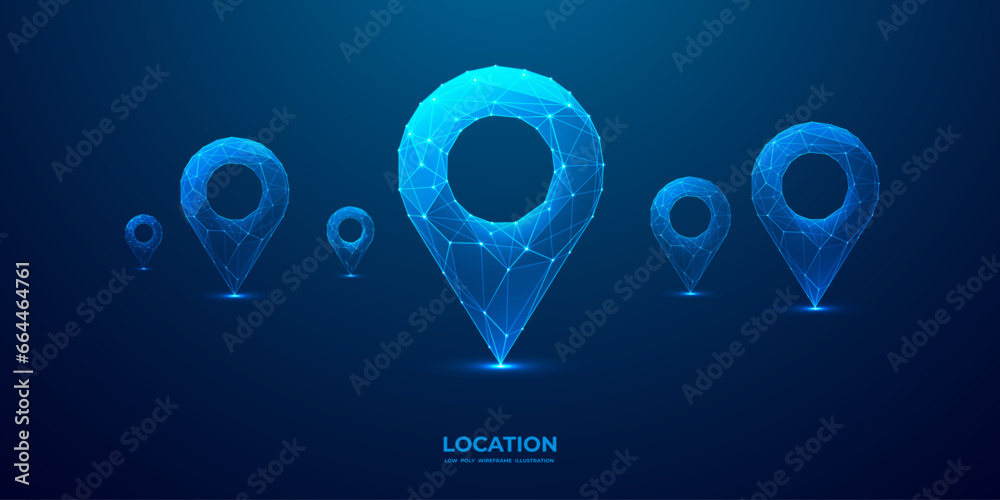 Poster Abstract set of location map pins. GPS digital concept. Technology low poly pin in futuristic hologram style on dark background. Monochrome blue vector illustration with light-connected dots and lines