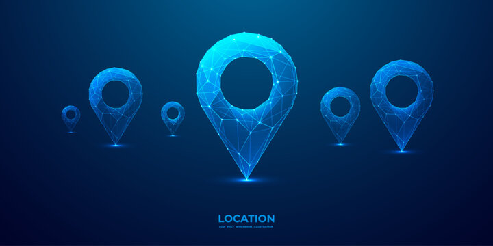 Abstract set of location map pins. GPS digital concept. Technology low poly pin in futuristic hologram style on dark background. Monochrome blue vector illustration with light-connected dots and lines
