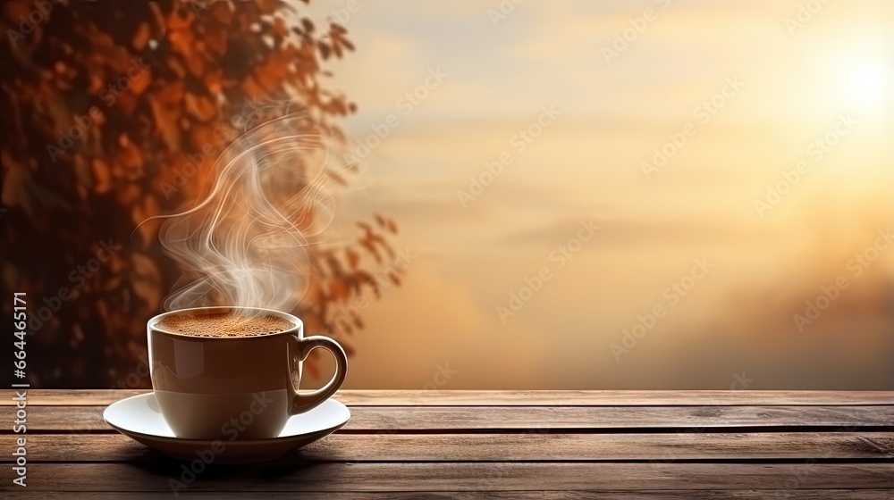 Poster top view a cup of hot coffee with steaming above the cup setting on wooden table under morning light