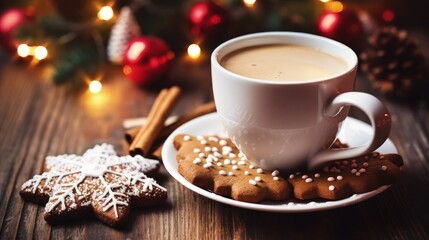 Obraz na płótnie Canvas Christmas homemade gingerbread cookie and cup of hot chocolate with marshmallow on wooden table. Christmas food and drink concept
