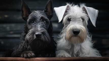 Puppies of a giant schnauzer and a white goatling