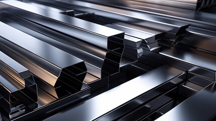 close-up 3d rendering or illustration of shiny steel and aluminium profiles and metalware for construction and engineering in storehous
