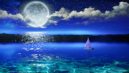 Beautiful illustration with night seascape with moon , sea , ship and night sky with clouds.