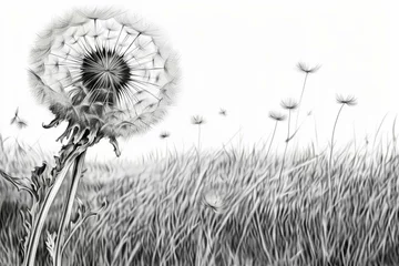 Fotobehang A sketch of a dandelion flower in a field. Generative AI © Roan