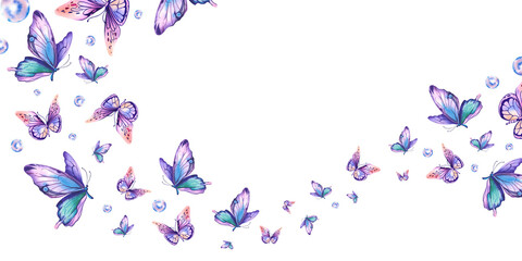 Morpho butterflies with pink-orange and purple wings. Beautiful exotic insects. Watercolor illustration on a white background. © Marina