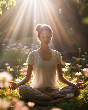 a serene yoga class practicing meditation in a peaceful garden, surrounded by blooming flowers, with gentle sunlight casting warm rays, aspect ratio 4:5
