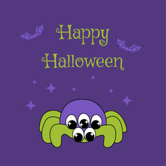 Cute groovy hand drawn spider character, spooky monster. Happy halloween illustration, poster, banner, postcard, design print. Vector
