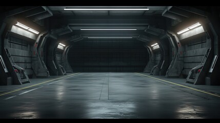 Sci Fi Futuristic Dark Alien Spaceship Concrete Cement Realistic Tunnel Corridor Hallway Showroom Warehouse Studio Underground Hangar Garage 3D Rendering Illustration