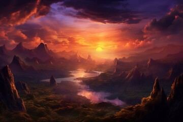 Beautiful sunset over unique mountainous landscapes. Generative AI
