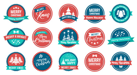 Merry Christmas and Happy New Year celebration badges. Holiday sticker badges with ribbon. Christmas and New Year labels