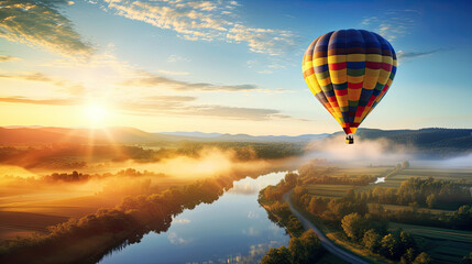 a colorful hot air balloon gently floating over a picturesque countryside during the early morning, with mist rising from the fields - obrazy, fototapety, plakaty