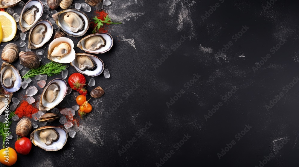 Poster raw clams vongole shells, mussels, oysters and lemon with ice on black slate. fresh shellfish for co