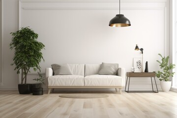 Modern living room with white sofa, lamp, and green plant on wooden laminate. Cozy interior background. Stylish room mockup. Generative AI