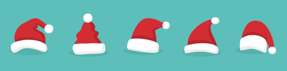 Santa hat with shadow in a flat design. Santa Claus cap icons. Christmas Santa hat collection. Cartoon red hats icon. Santa hat for New Year - obrazy, fototapety, plakaty