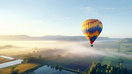 a colorful hot air balloon gently floating over a picturesque countryside during the early morning, with mist rising from the fields