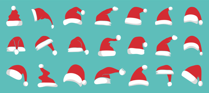 Santa hat with shadow in a flat design. Santa Claus cap icons. Christmas Santa hat collection. Cartoon red hats icon. Santa hat for New Year