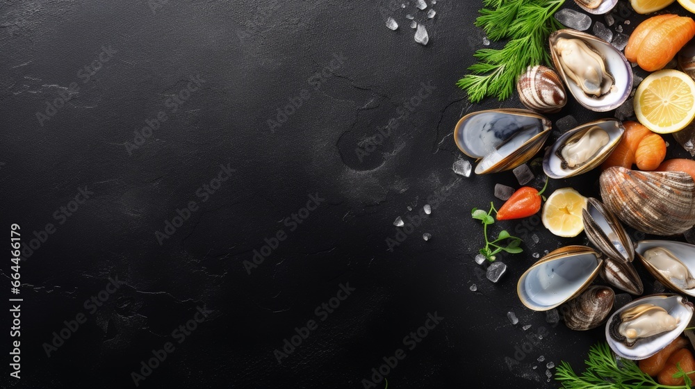 Poster raw clams vongole shells, mussels, oysters and lemon with ice on black slate. fresh shellfish for co
