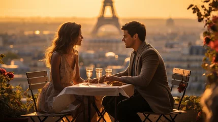 Fotobehang young couple in paris on a date © olgaberazovik
