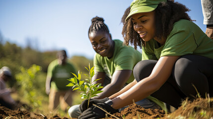 passionate activists planting trees in a reforestation project, surrounded by thriving greenery and birdlife