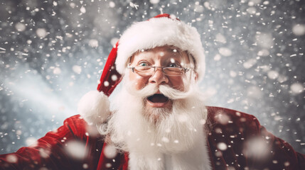 Close-up portrait of happy trendy Santa Claus with snowflake background.