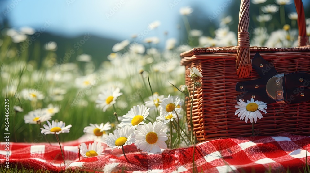 Poster red picnic cloth. red checked picnic blanket with a empty basket on a meadow with daisies in bloom. 