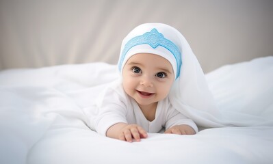 Portrait of cute little baby wearing a white veil lying on the bed