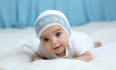 Fototapeta na wymiar Portrait of cute little baby wearing a white veil lying on the bed